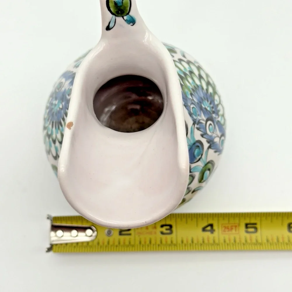 Vintage Ikaros Pottery Hand Painted Pitcher Rhodes Greece White Blue Green